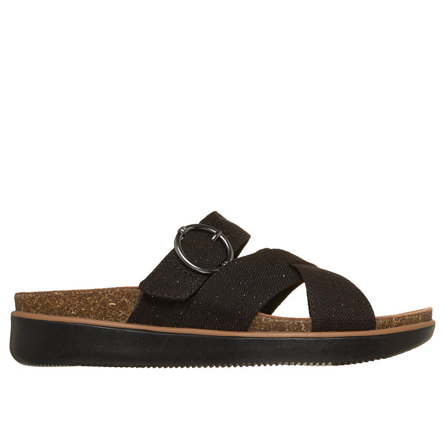 Skechers 119870 — LIFTED COMFORT Relaxed Fit Shimmer Canvas Cross Band Buckle Black Ladies Slides Sandals