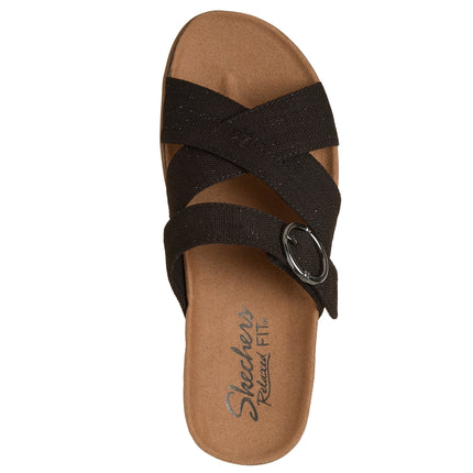 Skechers 119870 — LIFTED COMFORT Relaxed Fit Shimmer Canvas Cross Band Buckle Black Ladies Slides Sandals