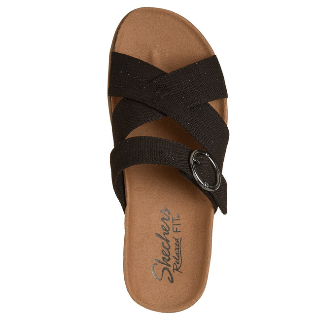 Skechers 119870 — LIFTED COMFORT Relaxed Fit Shimmer Canvas Cross Band Buckle Black Ladies Slides Sandals