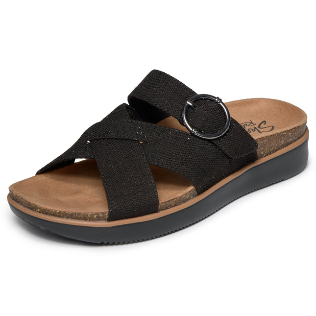 Skechers 119870 — LIFTED COMFORT Relaxed Fit Shimmer Canvas Cross Band Buckle Black Ladies Slides Sandals