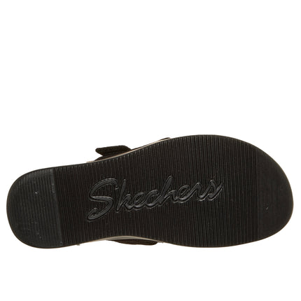 Skechers 119870 — LIFTED COMFORT Relaxed Fit Shimmer Canvas Cross Band Buckle Black Ladies Slides Sandals