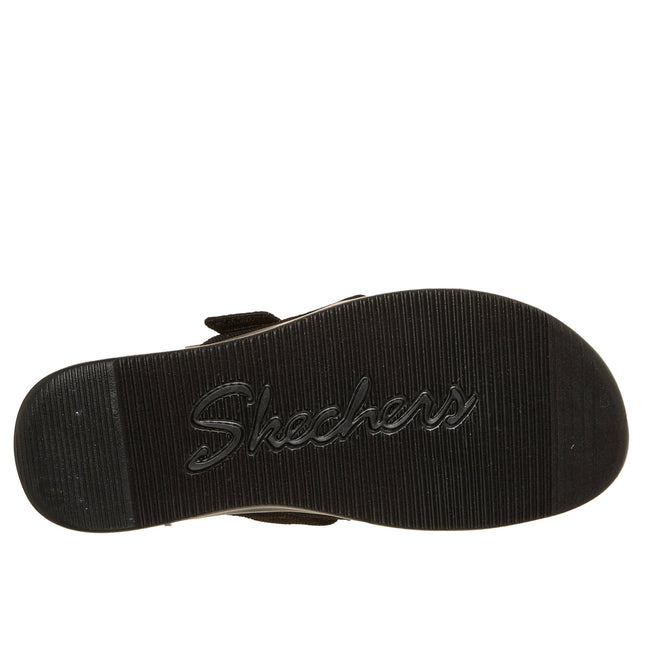 Skechers 119870 — LIFTED COMFORT Relaxed Fit Shimmer Canvas Cross Band Buckle Black Ladies Slides Sandals