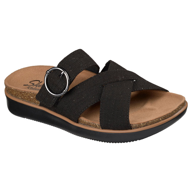 Skechers 119870 — LIFTED COMFORT Relaxed Fit Shimmer Canvas Cross Band Buckle Black Ladies Slides Sandals