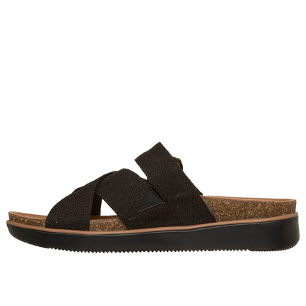 Skechers 119870 — LIFTED COMFORT Relaxed Fit Shimmer Canvas Cross Band Buckle Black Ladies Slides Sandals