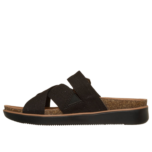 Skechers 119870 — LIFTED COMFORT Relaxed Fit Shimmer Canvas Cross Band Buckle Black Ladies Slides Sandals