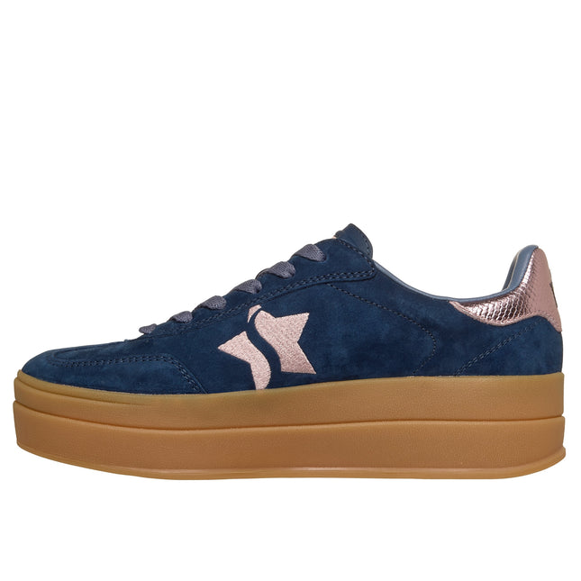 Skechers 185430 — ACADEMY HI - ELEVATED ESSENCE Suede Overlay Embroidered Star Lace-Up W/Air-Cooled Mf NVPK Blue Ladies Double Soled Trainers