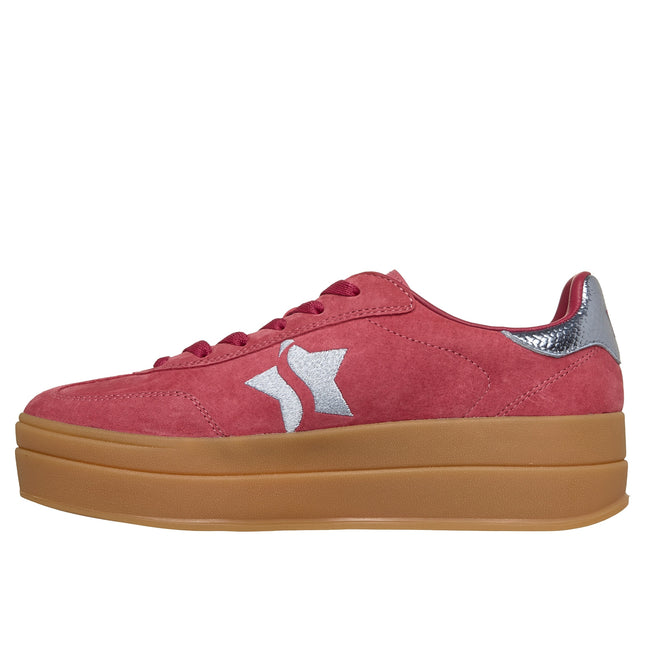 Skechers 185430 — ACADEMY HI - ELEVATED ESSENCE Suede Overlay Embroidered Star Lace-Up W/Air-Cooled Mf RDBL Red Ladies High Soled Trainers