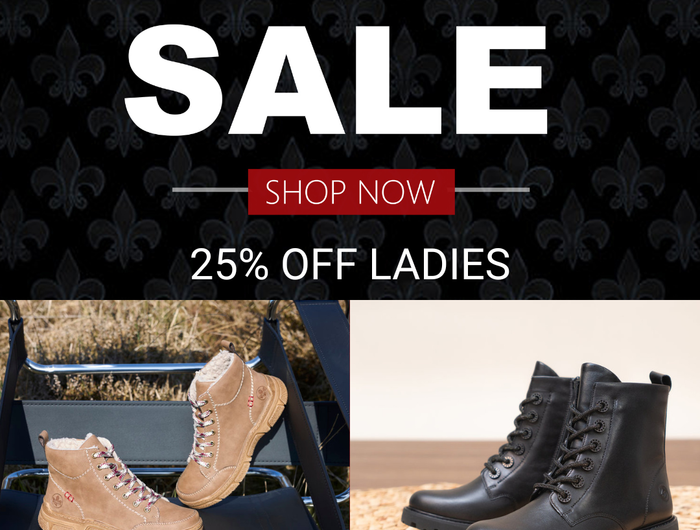 Black Friday sale advertisement with boots and promotional text on a black background.