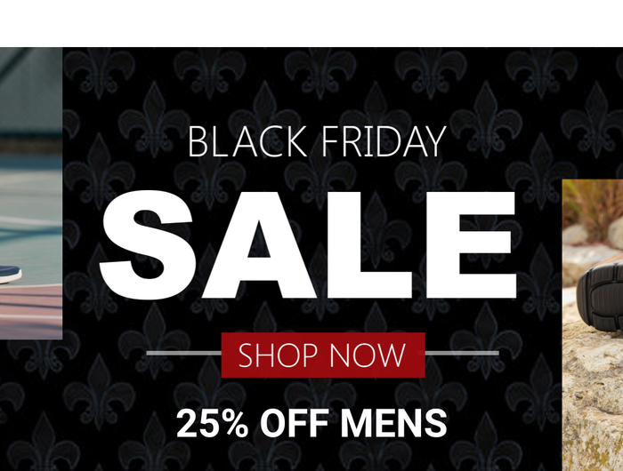 Black Friday sale banner with shoes and promotional text.