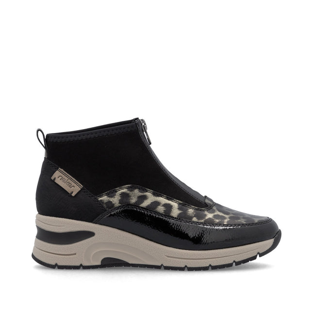 Rieker N9362-00 Black & Animal Print Womens Ankle Boot