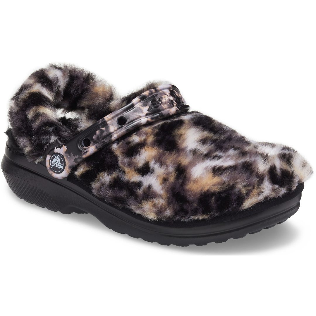 Black crocs with white discount fur